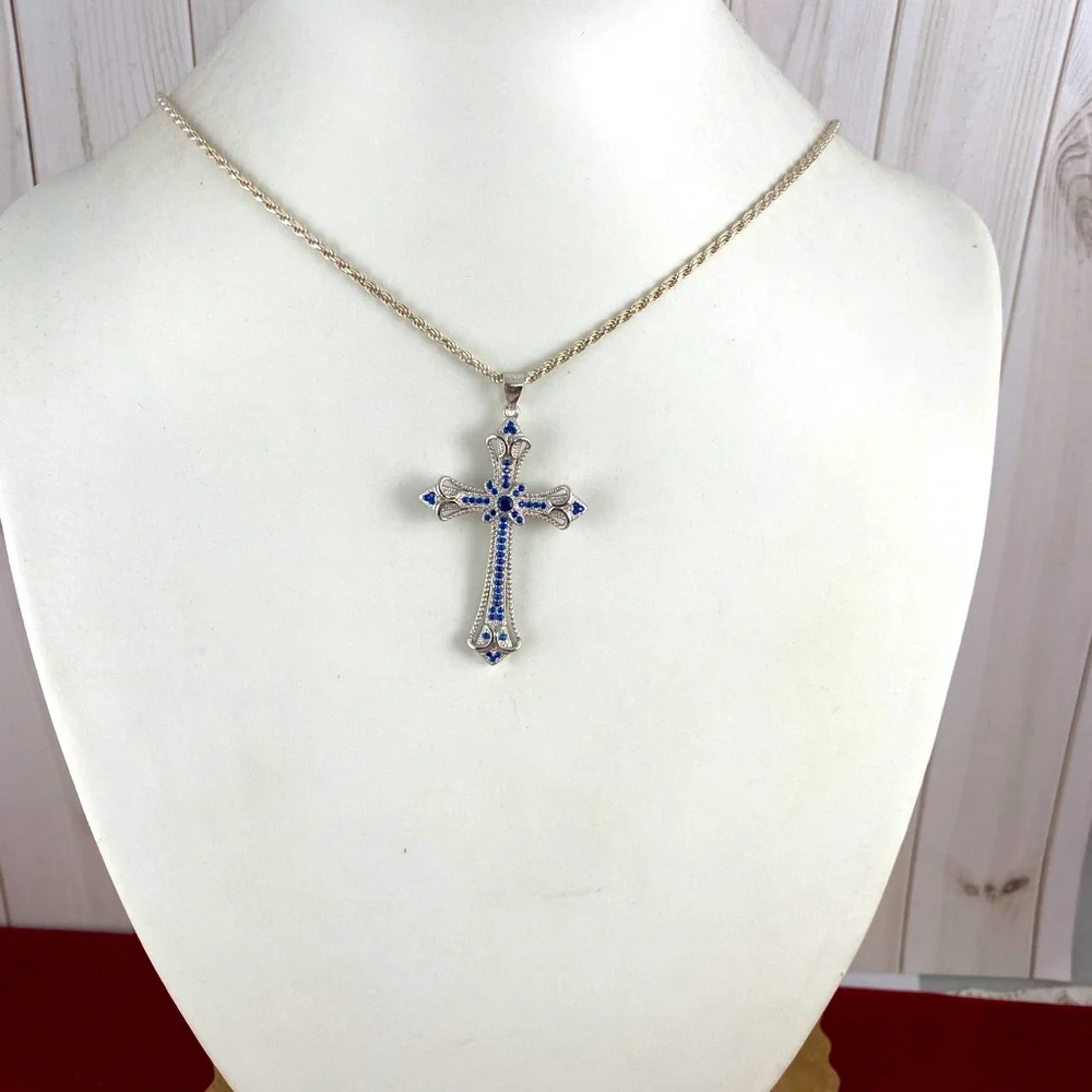 Sold Blue Sapphires 925 Silver Cross - Picture 2 of 10